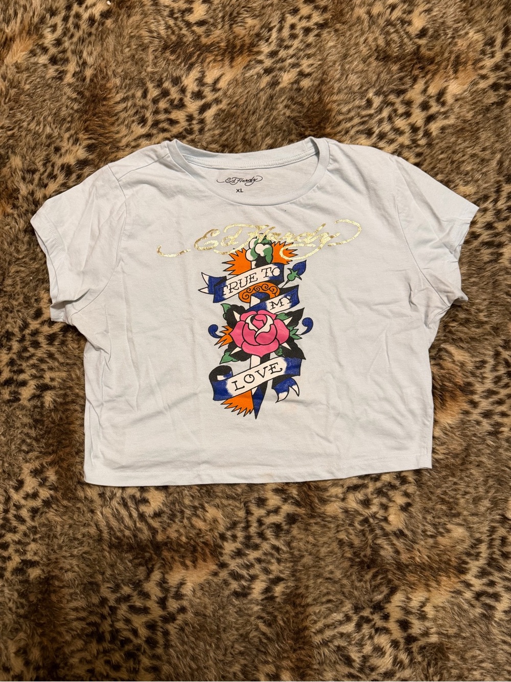 Ed Hardy White Crop Top with Multicolor Tattoo Graphic
